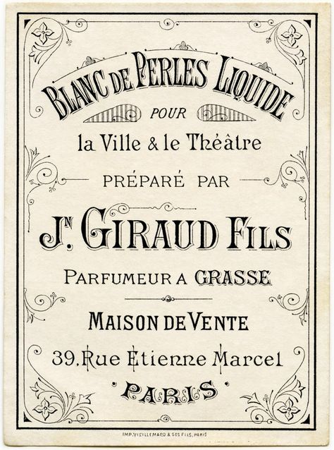 blanc de perles liquide, vintage beauty label, antique French perfume label, J Giraud Fils image, vintage ephemera graphics, old French printable French Perfume Labels, Marcel Paris, French Typography, Vintage Foto's, Perfume Label, Vintage Clip Art, French Ephemera, Etiquette Vintage, Label Image