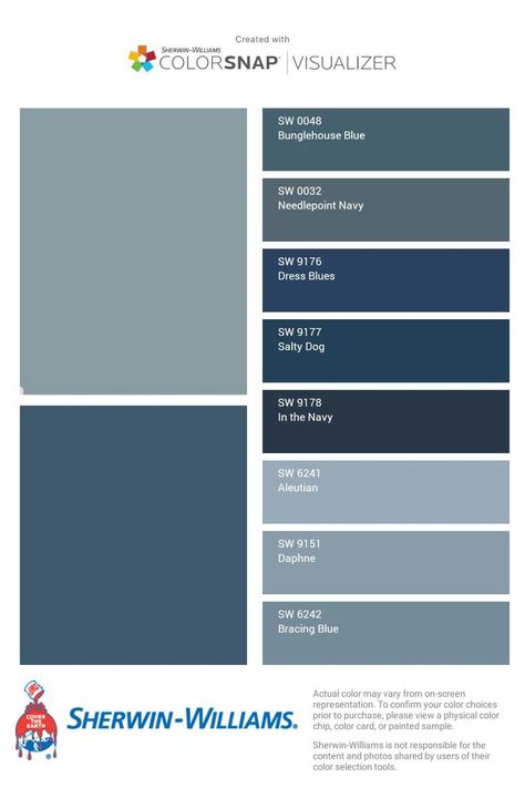 I just created this color palette with the Sherwin-Williams ColorSnap® Visualizer app on my Android phone. What do you think? You can learn more about ColorSnap Visualizer and get it on your phone free by visiting http://www.sherwin-williams.com/colorsnap. Sherwin Williams Nautical Colors, Sherwin Williams Waterloo Exterior, Sherwin Williams Poolhouse, Needle Point Navy Sherwin Williams, Industrial Paint Colors, Blue Pallets, Sherwin Williams Blue, Paint Color Codes, Yellow Paint Colors