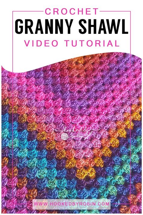 Crochet Triangle Granny Shawl [Free Video Tutorial & Written Pattern!] Crochet Triangle Granny, Granny Triangle Shawl, Triangle Shawl Crochet Pattern Free, Hooked By Robin, Granny Shawl, Granny Triangle, Crochet Triangle Shawl Pattern, Crochet Dinosaur Patterns, Coiled Fabric Basket