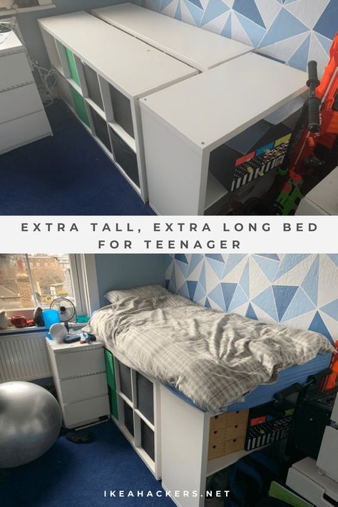 Teen Bedroom High Bed, Diy Twin Loft Bed With Storage, Xl Twin Bed Ideas, Tall Bed Ideas, Extra Long Twin Bed, Ikea Kallax Bed Full Size, Twin Xl Bed Ideas For Small Room, Twin Bed Diy, Twin Xl Bed