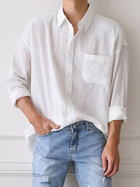 White Casual  Long Sleeve Cotton Plain Shirt Embellished Non-Stretch  Men Tops Baggy White Shirt Outfit Men, Man In White Button Down, Loose Fit Button Down Men, White Button Up Aesthetic Men, White Oversized Shirt Outfit, White Shirt Outfit, White Relaxed Fit Button-up Dress Shirt, Baggy Shirts, Oversized Shirt Outfit