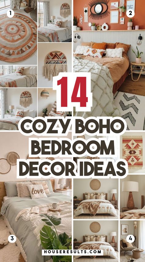 Create a serene and cozy boho atmosphere in your bedroom with these decor ideas! 🌾✨ From comfy throws to unique decor pieces, learn how to style your space beautifully. Embrace your creativity! Save this pin for easy access to inspiration later! Boho Guest Bedroom Ideas, Boho Aesthetic Bedroom, Cozy Boho Bedroom Ideas, Eclectic Boho Bedroom, Bohemian Bedroom Decor Ideas, Boho Home Decor Ideas, Cozy Boho Living Room, Boho Decorating, Boho Bedroom Inspirations