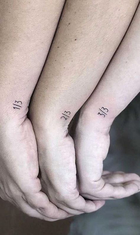 Friends Tattoo For 3, Gender Neutral Family Tattoos, Coordinating Best Friend Tattoos, Sibling Tattoos 4 Siblings Meaningful, 3 People Tattoo Ideas Matching, Fraction Tattoo, Best Friend Tattoos 3 People, Small Friendship Tattoos For 3, Triple Tattoo Friends