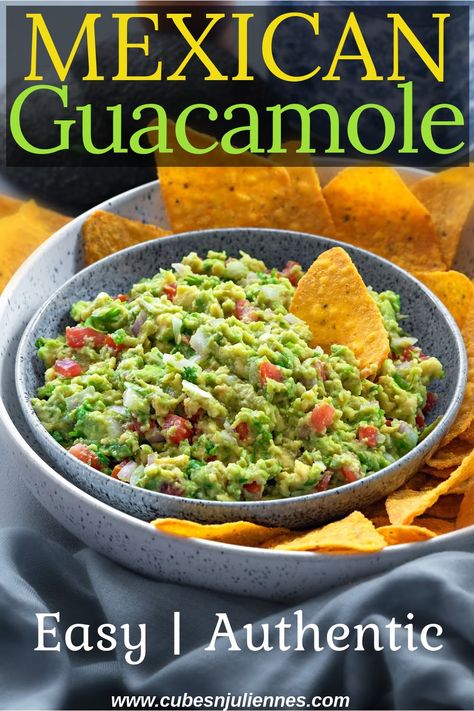 overhead view of a big bowl of tortilla chips with a smaller bowl inside, filled with fresh guacamole. Authentic Guacamole Recipe, Authentic Guacamole, Mexican Guacamole, Homemade Guacamole Recipe, Guacamole Ingredients, Vegan Appetizer, Vegan Dips, Guacamole Recipe Easy, Salsa Guacamole