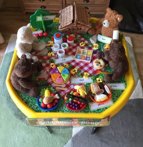 Teddy bears picnic tuff tray Bear Tuff Tray Ideas, Teddy Bears Picnic Tuff Tray, Teddy Bear Eyfs Activities, Teddy Bears Picnic Activities Eyfs, Goldilocks Tuff Tray, Teddy Bear Sensory Bin, Teddy Bears Picnic Activities, Bear Hunt Tuff Tray, Teddy Bear Picnic Preschool