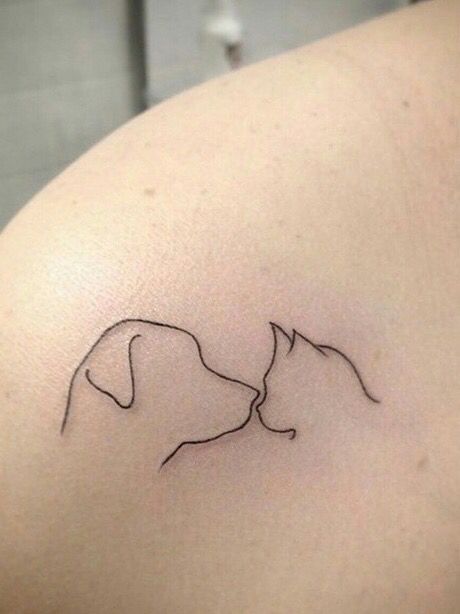 Adorable and simple cat and dog tattoo. Great for the animal lover, yet isn't tacky !! Animal Lover Tattoo, Cat Lover Tattoo, Cat Outline Tattoo, Cat And Dog Tattoo, Cat Tattoo Ideas, Cat Tattoo Simple, Tattoos For Dog Lovers, Dog Paw Tattoo, Vegan Tattoo