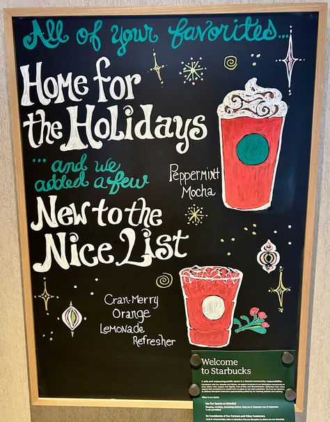 Starbucks Chalkboard Art Christmas, Starbucks Chalkboard, Starbucks Ideas, Chalk Signs, Chalkboard Holiday, Christmas Chalkboard Art, Chalk Sign, Herbalife Recipes, Starbucks Holiday