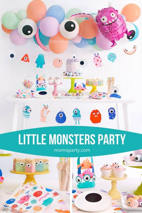 Ideas for an adorable monster themed birthday party for kids. Pefect for a 1st birthday celebration of a toddler's 2nd birthday party. Check out momoparty.com for more! #littlemonsters #monsterbash #1stbirthdayparty Toddler Birthday Themes, Shared Birthday Parties, Monsters Birthday Party, Little Monster Party, Monster First Birthday, Halloween First Birthday, Halloween 1st Birthdays, Little Monster Birthday, Monster 1st Birthdays