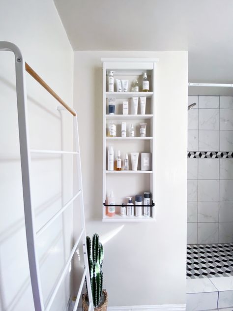 Ikea Hemnes Wall Shelf Bathroom, Hemnes Wall Shelf Hack, Bathroom Organization Wall Shelves, Small Bathroom Skincare Organization, Skincare Wall Shelf, Bathroom Skincare Display, Bathroom Wall Organization, Hemnes Wall Shelf, Bathroom Wall Shelf Ideas