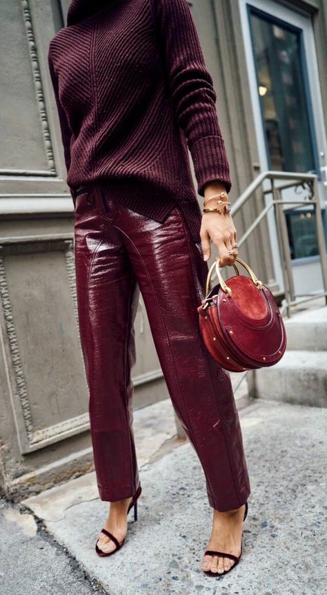 Monochromatic Fashion, Burgundy Outfit, Burgundy Pants, Leather Pants Outfit, Song Of Style, Monochrome Fashion, Looks Street Style, Leather Trousers, Looks Chic