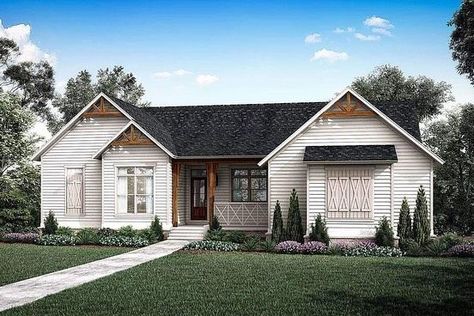 America's Best House Plans on Instagram: "Get to know Plan 5995-00019, a 2,102 sq. ft. Modern Farmhouse design with 3 bedrooms, 2.5 bathrooms, a fireplace in the great room, a study, mulitple walk-in closets, a large porch, and a 2-car garage. Find more information about this Modern Farmhouse plan on our website. Just click the link in our bio. Tag someone that would love to build this house plan. #modernfarmhousestyle #modernfarmhouses #modernfarmhouseplans #modernfarmhousehomes #housepla Vaulted Great Room, Porch Plans, Split Bedroom, Ranch House Plan, Ranch Style House Plans, Open Dining Room, Room With Fireplace, Farmhouse House, Ranch Style Homes