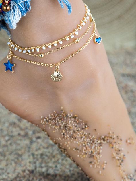 Yellow Gold Vacation Collar  Zinc Alloy  Anklet Embellished   Jewelry Pearl Ankle Bracelet, Starfish Anklets, Casual Boho Style, Charm Anklet, Brighton Bracelets, Plastic Bangles, Anklets Boho, Ocean Theme, Enamel Charms