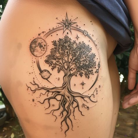 Warrior Princess Tattoo For Women, Spirituality Tattoos For Women, Mandala Compass Tattoo Feminine, Taoism Tattoos, Roots Tattoo Ideas, Boho Tattoos For Women, Creative Tattoo Ideas For Women, Lower Hip Tattoos, Hip Tattoos For Women