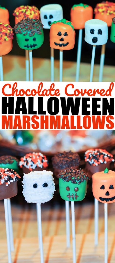 Chocolate dipped Halloween marshmallow pops. This quick and easy recipe for chocolate covered marshmallow pops are a fun Halloween dessert, make them as ghosts, mummies, pumpkins, Frankenstein or monsters. Halloween Marshmallows, Halloween Themed Appetizers, Easy Party Treats, Monsters Cake, Marshmallow Halloween, Kids Treat Bags, Fun Halloween Desserts, Halloween Torte, Halloween Appetizers Easy