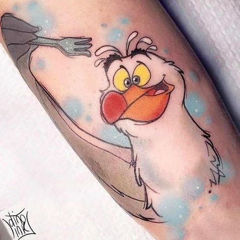 Flounder And Sebastian Tattoo, The Rescuers Tattoo, Walle Tattoo Disney, Disney Animal Tattoos, Disney Bird Tattoo, Cartoon Tattoos Disney, Disney Character Tattoos, Dinglehopper Hair, Disney Characters Tattoos