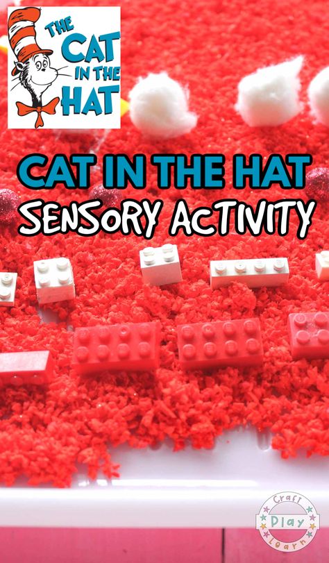 Kids and adults alike love The Cat in the Hat. This Cat In The Hat Sensory Box is a great way for little ones to build comprehension skills after reading them the book. Using the sensory bin, children can:  Use their senses and props to understand the story Sort by colors, objects, and shapes Use the legos to work on math skills or build their own house Come up with their own Stories Create scenes from the book Express their creativity in different ways #catinthehat #drseuss #parenting Hat Activity, Dr Seuss Art, Dr Seuss Activities, Dr Seuss Crafts, Seuss Crafts, Creative Kids Crafts, The Cat In The Hat, Comprehension Skills, Sensory Boxes