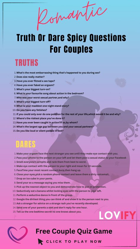 Get ready for an evening of intimacy and adventure with these Truth or Dare Spicy Questions for Couples! 🌶️💏 Dive into a world of deep connections and playful dares that will elevate your bond to new heights. 💖🔥 Explore the spice in your relationship with these tantalizing prompts, creating unforgettable memories and strengthening your connection! 🚀💑 #SpicyTruthOrDare #CouplesEdition #IntimateConnection #LoveAndPlay #RelationshipGoals 🔥💬💕 Risky Truth Or Dare For Couples, Spicy Truth Or Dare Questions For Couples, Truth Or Dare Questions For Couples, Truth Or Dare Questions Spicy, Spicy Truth Or Dare Questions, Spicy Dares, T Or D, Fun Couple Questions, Dares For Couples