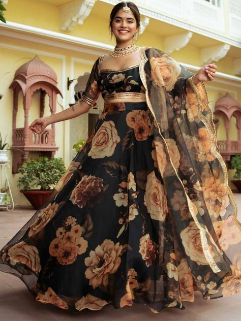 Black Lehenga Black Floral Lehenga, Lehenga Traditional, Lehenga Choli Designs, Lehenga Choli For Women, Choli For Women, Black Lehenga, Indian Lehenga Choli, Floral Lehenga, Organza Lehenga