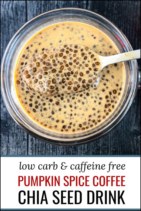 This pumpkin spice coffee chia seed drink is both fun and healthy. It's caffeine free, low carb and doesn't even use coffee so it won't upset your stomach. But it still has that deliciously sweet flavor of a pumpkin spice iced coffee but with plump chia seeds so it's filling too. Best of all this coffee drink only has 105 calories and 2.5g net carbs! Hot Coffee With Chia Seeds Recipe, Coffee And Chia Seeds Recipe, Chia And Coffee, Coffee And Chia Seeds, Hot Coffee With Chia Seeds, Chia Coffee Recipe, Chia Seed Coffee, Chia Coffee, Chia Seed Drink Recipes