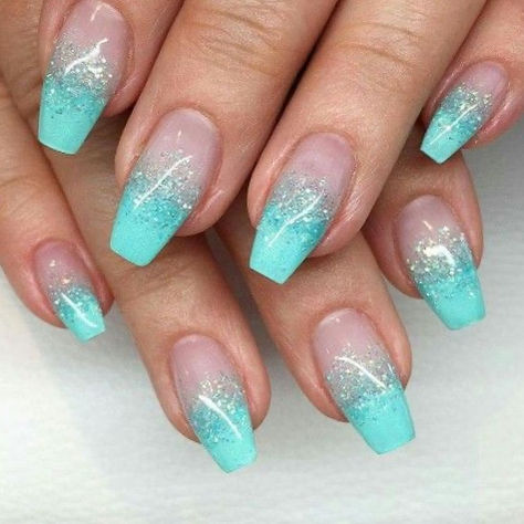 turquoise nails: glitter ombre Tiffany Blue Wedding Nails, Aqua Blue Nails Turquoise, Aqua Glitter Nails, Turquoise Wedding Nails, Blue Ombre Nails With Glitter, Tiffany Blue Nails With Glitter, Aquamarine Nails Acrylic, Turquoise Nails Designs Aqua, Tiffany Blue Nails Design