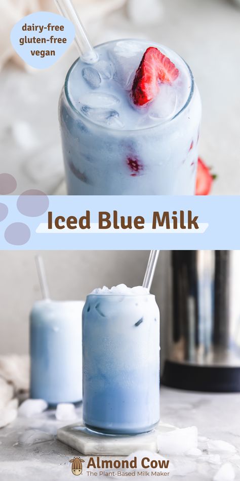 Drinks To Make With Almond Milk, Drinks To Make With Milk, Healthy Sweet Drinks, Milk Drink Recipes, Blue Milk Recipe, Butterfly Pea Powder, Almond Cow, Blueberry Milk, Milk Drinks