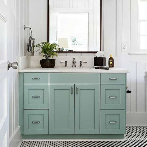 Teal bathroom cabinets Bathroom Cabinet Colors, Minimalist Houses, Green Bathroom Vanity, Bathroom Cabinets Diy, Painting Bathroom Cabinets, Teal Bathroom, Cabinet Paint Colors, Cabinet Remodel, Gorgeous Bathroom