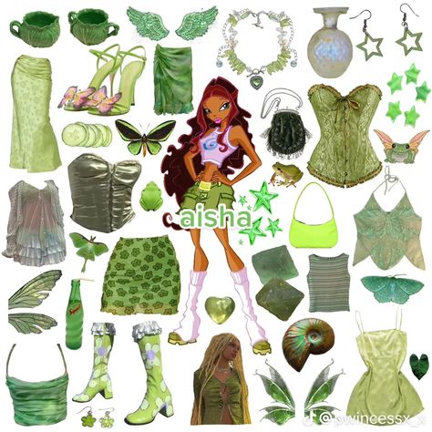 Winx Club Items, Green Fairy Aesthetic Costume, Winx Aisha Outfits, Wind Club Outfits, Aisha Winx Club Outfit, Aisha Winx Club Costume, Winx Club Aesthetic Outfits, Aisha Winx Club Aesthetic, Winx Club Inspired Outfits