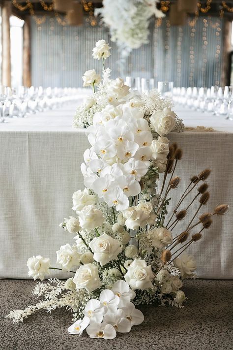 Modern Country Wedding Inspiration With Emerald Green & White - Polka Dot Wedding Orchid Arrangements Wedding, White Flower Arrangements Wedding, White Floral Reception, All White Modern Wedding, Orchid Wedding Decor, Orchid Wedding Flowers, Modern Wedding Florals, Wedding Decorations Flowers, Modern White Wedding