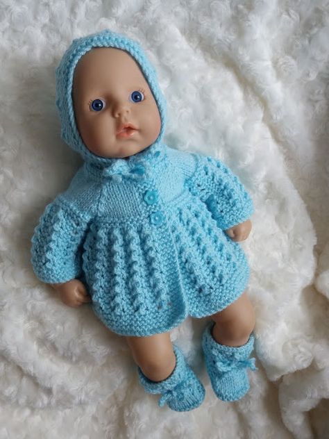 Linmary Knits: Alice Matinee jacket, dress, bonnet and booties Linmary Knits, Knit Baby Doll, Baby Born Clothes, Knitted Dolls Free, Crochet Doll Clothes Free Pattern, Knitted Doll Patterns, Baby Doll Clothes Patterns, Knitting Dolls Clothes, Doll Clothes Patterns Free