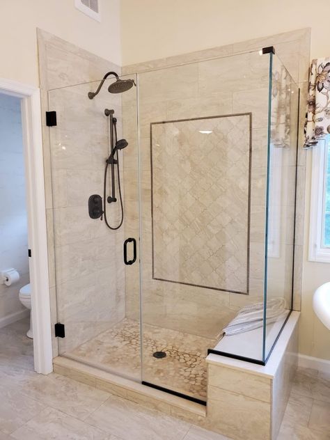 French Provincial Bathrooms, Master Bath French Country, French Shower Bathroom, Modern French Farmhouse Bathroom, French Country Shower Ideas, French Country Shower Tile, Country French Bathroom Ideas, French Country Master Bed, Beige Master Bath