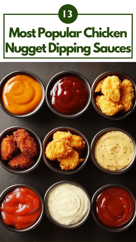 A variety of popular dipping sauces for chicken nuggets, including BBQ, honey mustard, ranch, sweet and sour, and buffalo, arranged alongside crispy nuggets for a flavorful snack. Chicken Nugget Sauce Recipes, Chicken Nugget Dipping Sauce Recipes, Chicken Nugget Sauce Dips, Chicken Nugget Sauce, Nugget Dipping Sauce, Nugget Sauce, Best Dipping Sauces, Chicken Nugget Dipping Sauce, Chicken Nuggets Sauce