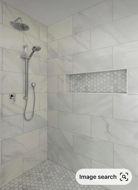 White Large Subway Tile Shower Ideas, Timeless Shower Tile Ideas, Bathroom Shower Remodel, Schluter Shower, White Marble Shower, White Subway Tile Shower, Hampton Homes, Marble Shower Tile, Tile Walk In Shower