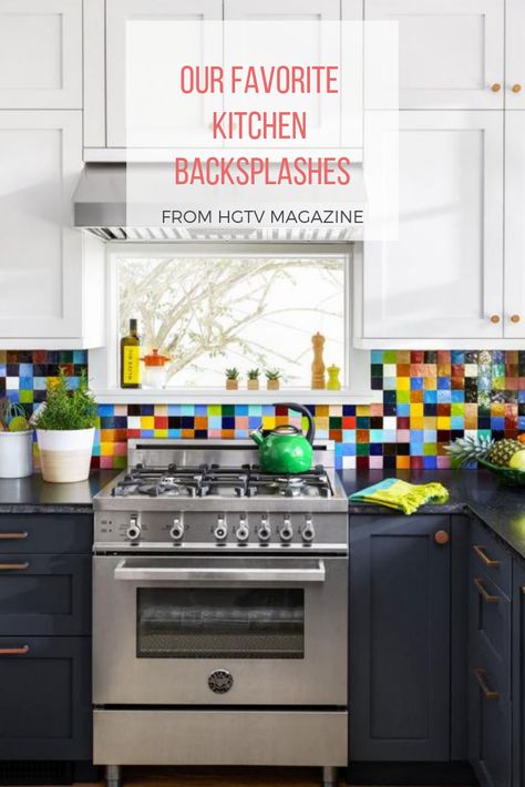 Colorful backsplash trends for kitchens from HGTV. Colourful Tiles Kitchen Backsplash Ideas, Multicolor Tile Backsplash, Bold Colorful Kitchen, Bright Kitchen Backsplash Ideas, Funky Kitchen Backsplash Ideas, Kitchen Anthropometry, Rainbow Backsplash Kitchen, Retro Kitchen Backsplash Ideas, Multicolor Kitchen Cabinets