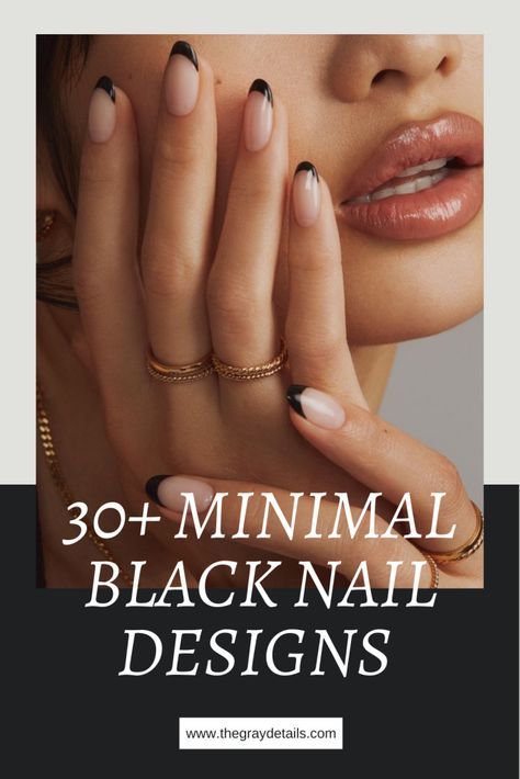 30+ Minimal Black Nail Designs Neutral Nail With Black Design, Nails Design For Black Dress, Black Nails French Tip With Gems, Black Line Manicure, Bridesmaids Nail Ideas Black, Neutral With Black Nails, Black Nails Line Design, Delicate Black Nails, Black Tipped French Manicure