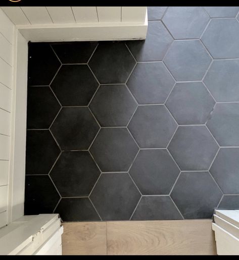 Black Hexagon Kitchen Floor, Dark Grey Hexagon Tile Bathroom, Octagon Tile Bathroom Floor, Black Hexagon Tile Bathroom Floor, Black Hexagon Bathroom, Honeycomb Tiles Bathroom, Octagon Tile Bathroom, Black Hexagon Tile Bathroom, Dark Tile Bathroom