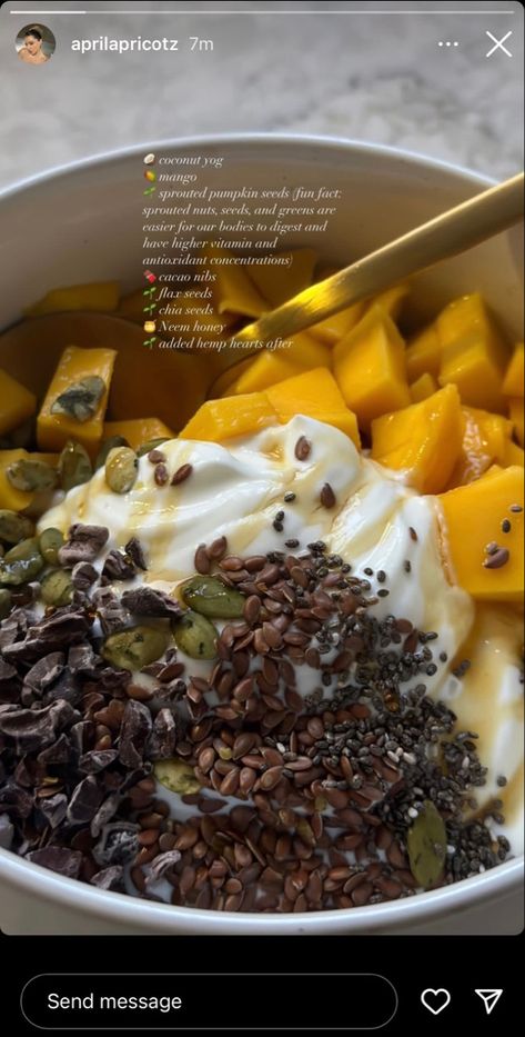 Aesthetic non dairy coconut yogurt bowl with mango, sprouted pumpkin seeds, cacao nibs, flax seeds, chia seeds, hemp hearts, and neem honey. Yogurt Artistry. Nourishing foods. Zen in a bowl. Wellness and Health. Hemp Seed Yogurt, What To Put Chia Seeds In, Coconut Yogurt Breakfast, Mango Fruit Bowl, Yogurt And Granola Bowl, Coconut Yogurt Bowl, Mango Yogurt Bowl, Hemp Seeds Recipes, How To Eat Flax Seed