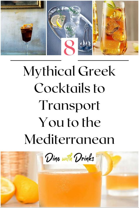 Collage of 4 greek cocktails. Greek Alcoholic Beverages, Greek Inspired Cocktails, Greek Mythology Party Food, Greek Mock Tail, Greek Drinks Non Alcoholic, Greek Cocktails, Kumquat Cocktail, Greek Food Party, Greek Party Decorations