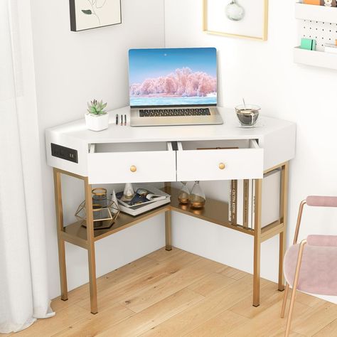 Corner Desks For Small Spaces, Triangle Desk, Gold Home Office, Study Station, Small Corner Desk, Corner Makeup Vanity, Apartment Desk, Desk For Bedroom, Corner Desks