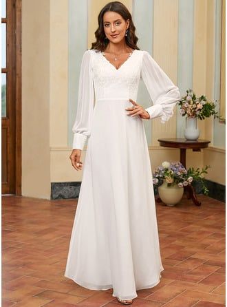 [US$ 99.00] A-line V-Neck Floor-Length Chiffon Lace Wedding Dress With Sequins  - JJ's House Wedding Dress With Sequins, Long Sleeve Bridal Gown, Romantic Wedding Ceremony, Temple Dress, Dress With Sequins, White Boho Dress, Chiffon Wedding Dress, Lace Chiffon, Fall Wedding Dresses