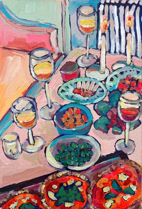 Tablescape Painting, Dinner Table Painting, Date Pizza, Fun Walls, Wonderland Bedroom, Alice In Wonderland Bedroom, Fashion Folio, Acrylic Still Life, Cooking Painting