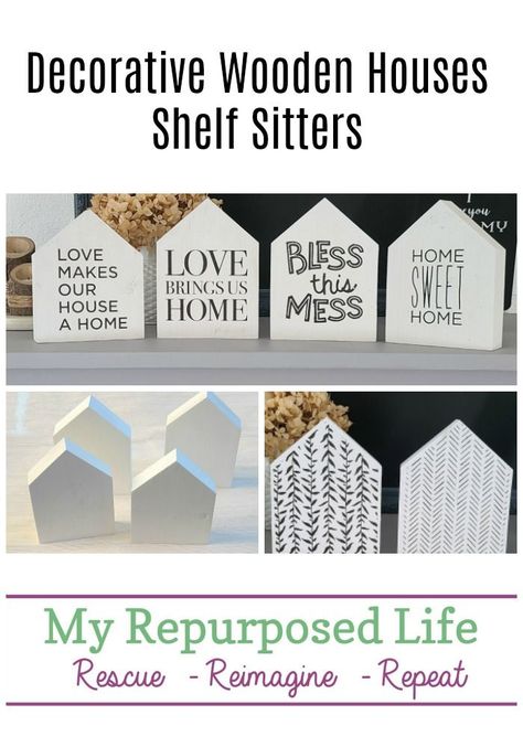 How to make decorative wooden houses out of scrap wood pieces. Tips for painting, stenciling styling and more. Easy project to do in an afternoon. Great idea for neighbor or teacher gifts! #MyRepurposedLife #scrapwood #easy #diy #project #homedecor via @repurposedlife Wooden Homes, Tips For Painting, Thrift Shop Finds, Chalky Paint, House Shelves, Mini Houses, Diy Chalk Paint, Diy Dollar Tree Decor, Dollar Tree Decor