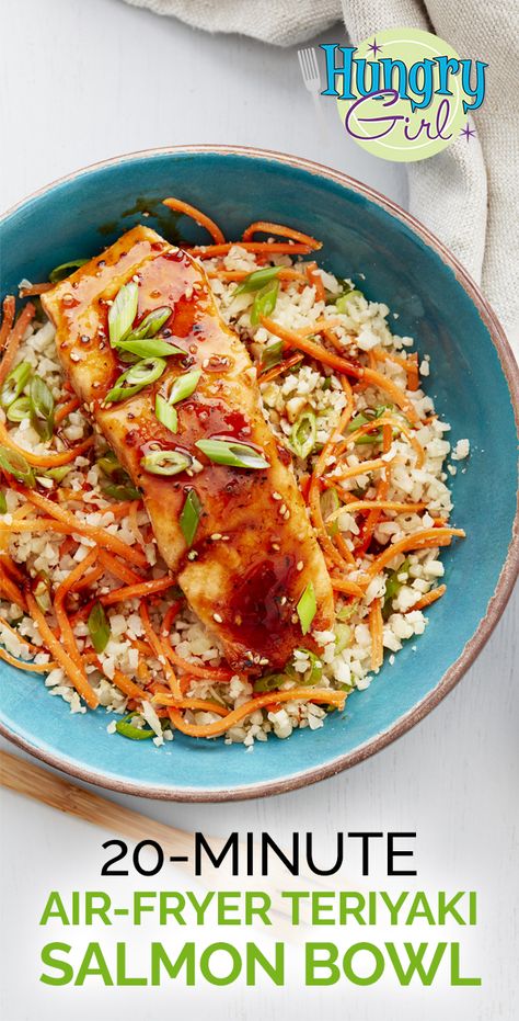 Salmon Cauliflower Rice, Teriyaki Salmon Bowl, Salmon Cauliflower, Cauliflower Rice Bowl, Rice Bowl Recipe, Hungry Girl Recipes, Salmon Bowl, Rice Bowls Recipes, Teriyaki Salmon