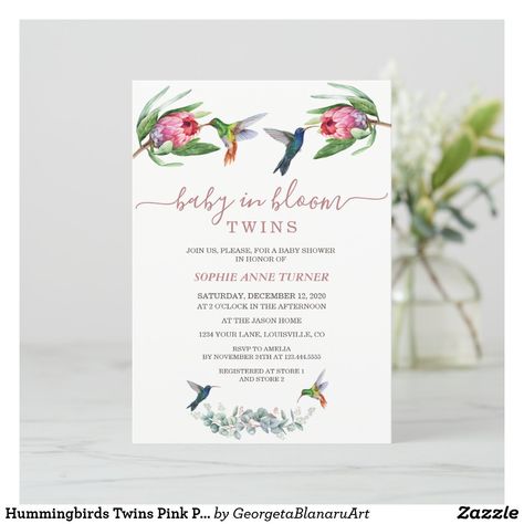 Hummingbirds Twins Pink Protea Baby in Bloom Invitation Hummingbird Baby Shower Theme, Twin Baby Shower Theme, Baby In Bloom Invitation, Pink Protea, Baby In Bloom, Bloom Baby, Twins Baby Shower, Colored Envelopes, Baby Shower Theme