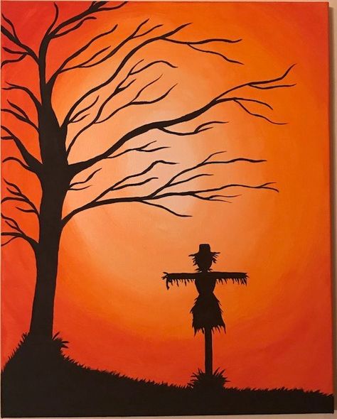 Scarecrow/Autumn interpretation by my 15yr old daughter.  I love it! Easy Scarecrow Painting, Fall Paintings On Canvas Easy Scarecrow, Scarecrow Painting On Canvas, Scarecrow Painting, Scare Crow, Fall Canvas Painting, Fall Canvas, Paint Night, Easy Canvas Painting