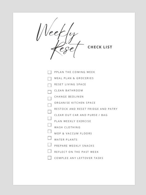 Weekly reset - the trusted way to stay organised and on top of a busy schedule whilst enjoying lifes chaos Weekly Prep Checklist, How To Reset Your Life, Life Reset Checklist, Weekly Reset Checklist, Reset Checklist, Diy Doll Suitcase, Weekly Reset, Weekly List, Sunday Routine