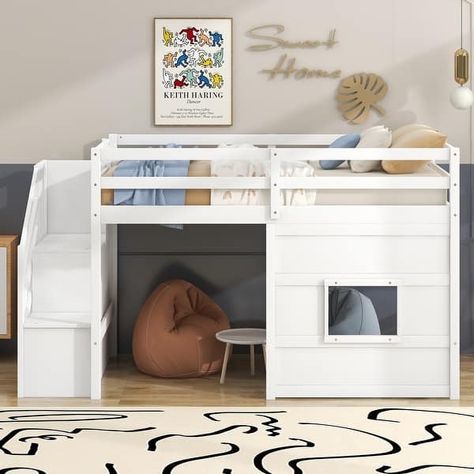 Playful Design Twin Size Loft Bed with Storage Staircase and Window - Bed Bath & Beyond - 39085720 Kids Bed With Slide, Unique Bed Frames, Loft Bed With Storage, Toddler Loft Beds, Storage Staircase, Bed Stairs, Kids Shared Bedroom, Daybed With Drawers, Unique Bed