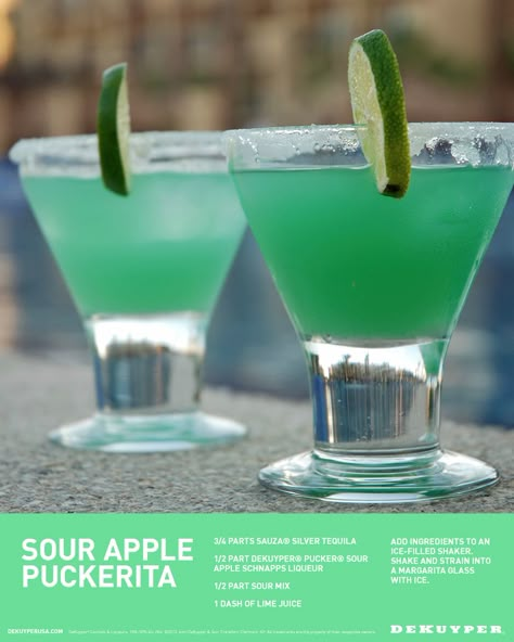 Sour Apple Puckerita - Combine 3/4 parts Sauza® Tequila, 1/2 part DeKuyper® Pucker® Sour Apple Schnapps, 1/2 part Sour Mix and 1 dash of Lime juice. Can be served over ice or frozen. Garnish with a lime and salt on the rim. Cheers! Apple Pucker Drinks, Sour Apple Pucker, Cranberry Juice And Vodka, Vodka Cranberry, Apple Schnapps, Apple Pucker, Coctails Recipes, Yummy Alcoholic Drinks, Sour Mix