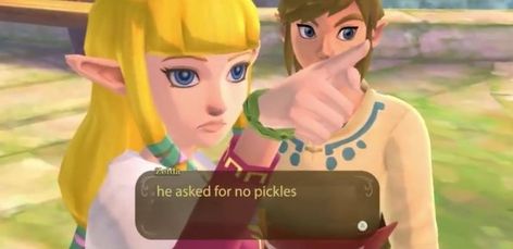 Credit to Quinbobin on YouTube He Asked For No Pickles, Zelda Funny, Wind Waker, Comics Memes, The Legend Of Zelda, Cute Images, Legend Of Zelda, Pickles, Video Games