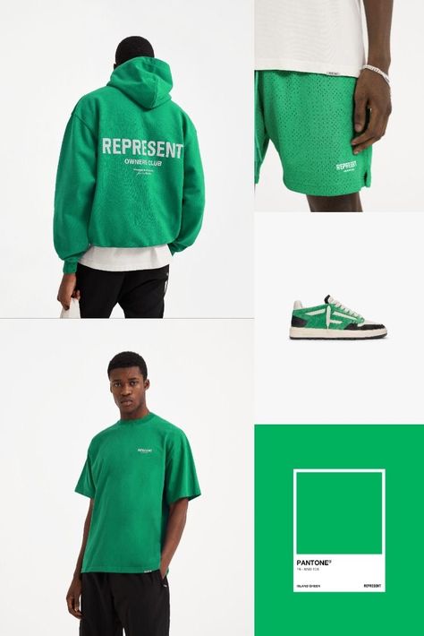 Utility Outfit, Shirt Branding, Represent Owners Club, Green Hoodies, Graphic Branding, Streetwear Tshirt Design, Cloth Brand, Apparel Branding, Fashion Layout