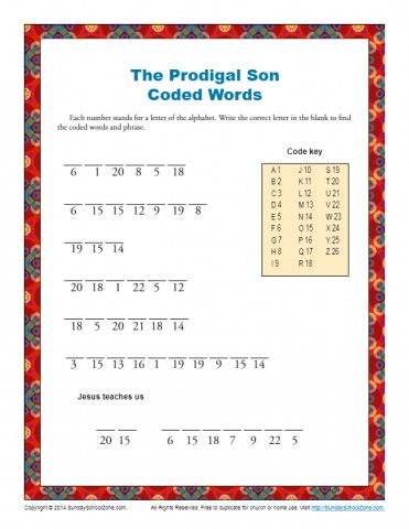 The Prodigal Son - Printable Coded Words Bible Kids Activity Jesus Parables, Sunday School Activities For Kids, Bible Puzzles, School Activities For Kids, Childrens Bible Activities, Printable Bible Activities, Forest Sketch, The Prodigal Son, Bible Activities For Kids